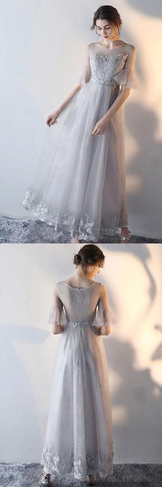 Robe de bal romantique grise en tulle fluide et modeste avec haut en dentelle GDC1229