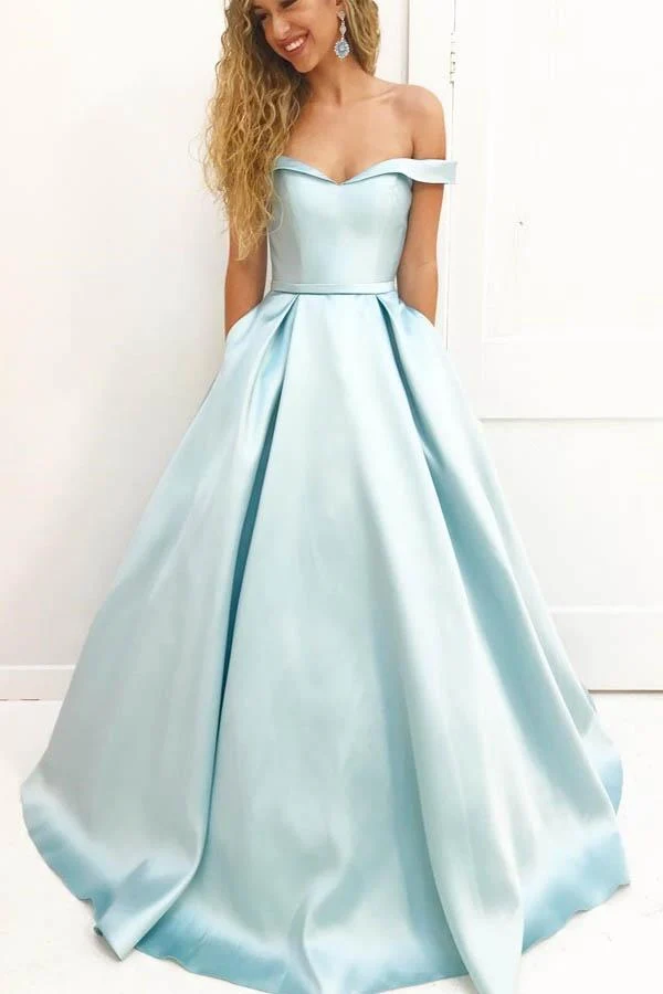 Robe de bal longue en satin bleu pâle à épaules dénudées | Robe simple Sweet 16