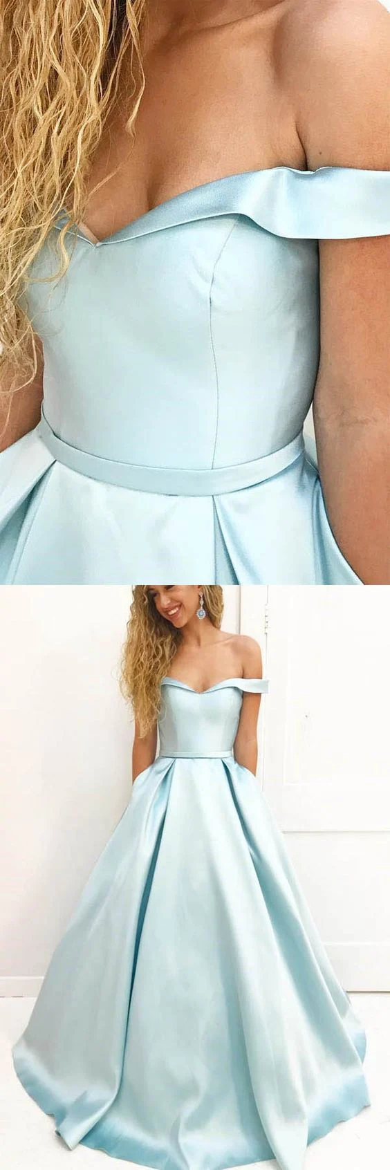 Robe de bal longue en satin bleu pâle à épaules dénudées | Robe simple Sweet 16