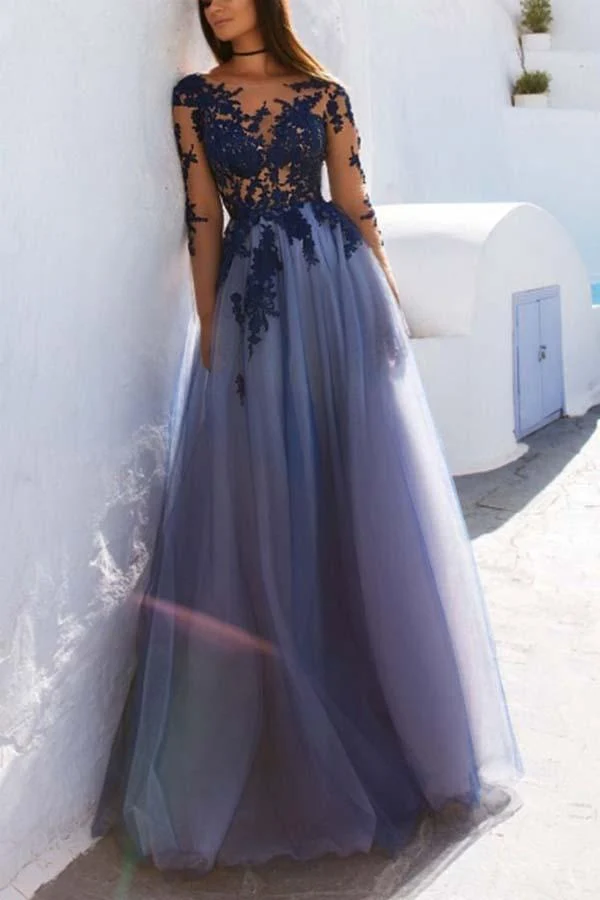 Robe de bal formelle longue en dentelle bleue transparente en tulle avec manches