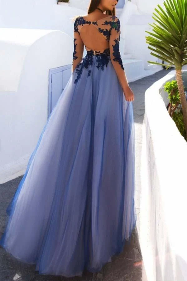 Robe de bal formelle longue en dentelle bleue transparente en tulle avec manches
