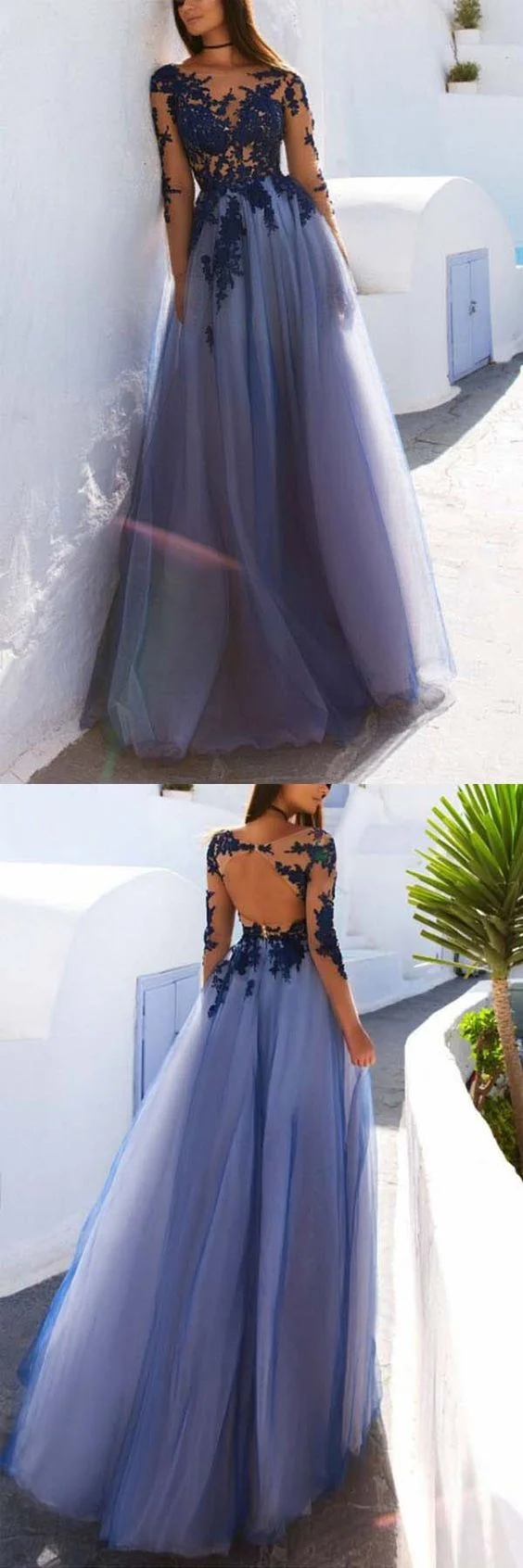 Robe de bal formelle longue en dentelle bleue transparente en tulle avec manches