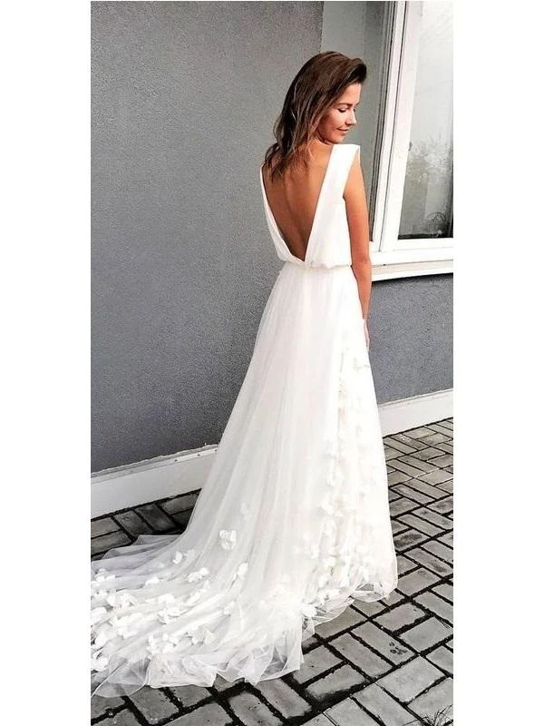 Robe de mariée de plage en mousseline de soie, dos en V, style Boho, robe de mariée trapèze