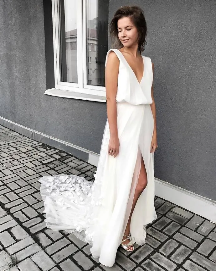 Robe de mariée de plage en mousseline de soie, dos en V, style Boho, robe de mariée trapèze