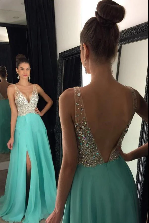 Robe de bal turquoise éblouissante avec fente latérale et perles, robe de remise de diplôme trapèze, GDC1223