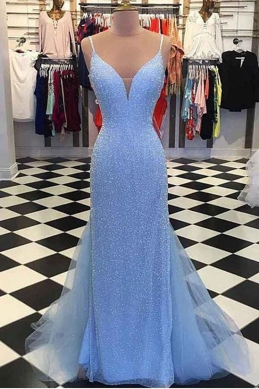 Robe de bal fourreau à perles éblouissante bleue | Robe formelle de remise des diplômes