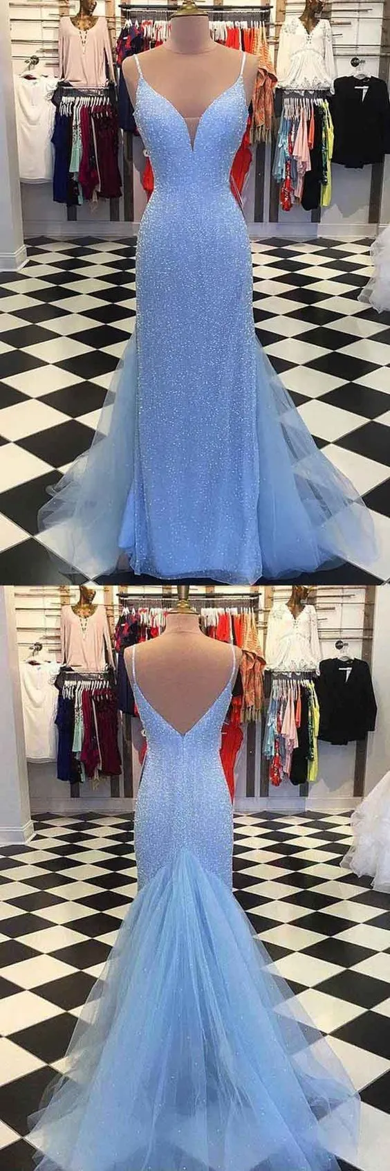 Robe de bal fourreau à perles éblouissante bleue | Robe formelle de remise des diplômes