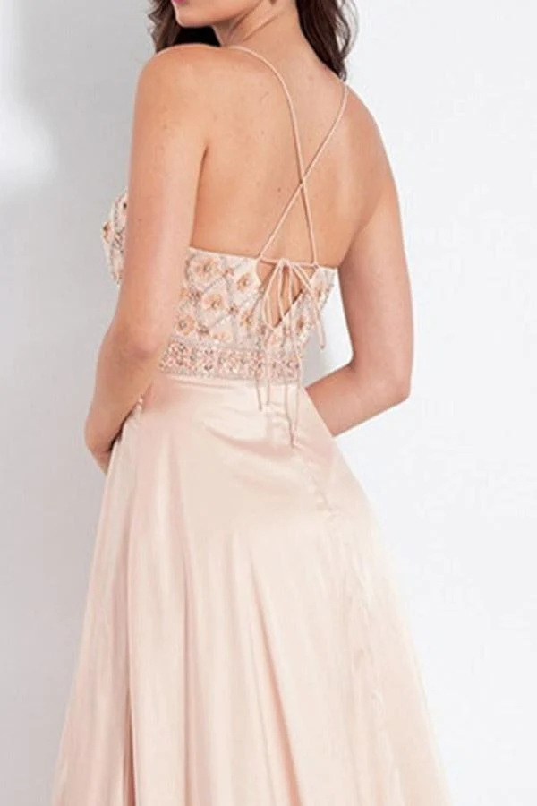 Robe de bal beige à perles délicates et sexy, longue robe formelle avec fente