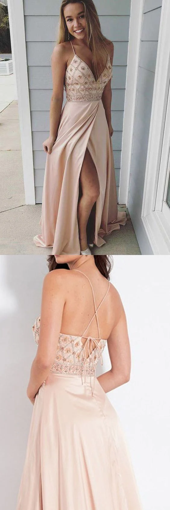 Robe de bal beige à perles délicates et sexy, longue robe formelle avec fente