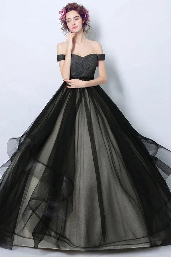 Robe de mariée princesse en tulle noir, épaules dénudées, délicate, robe de bal