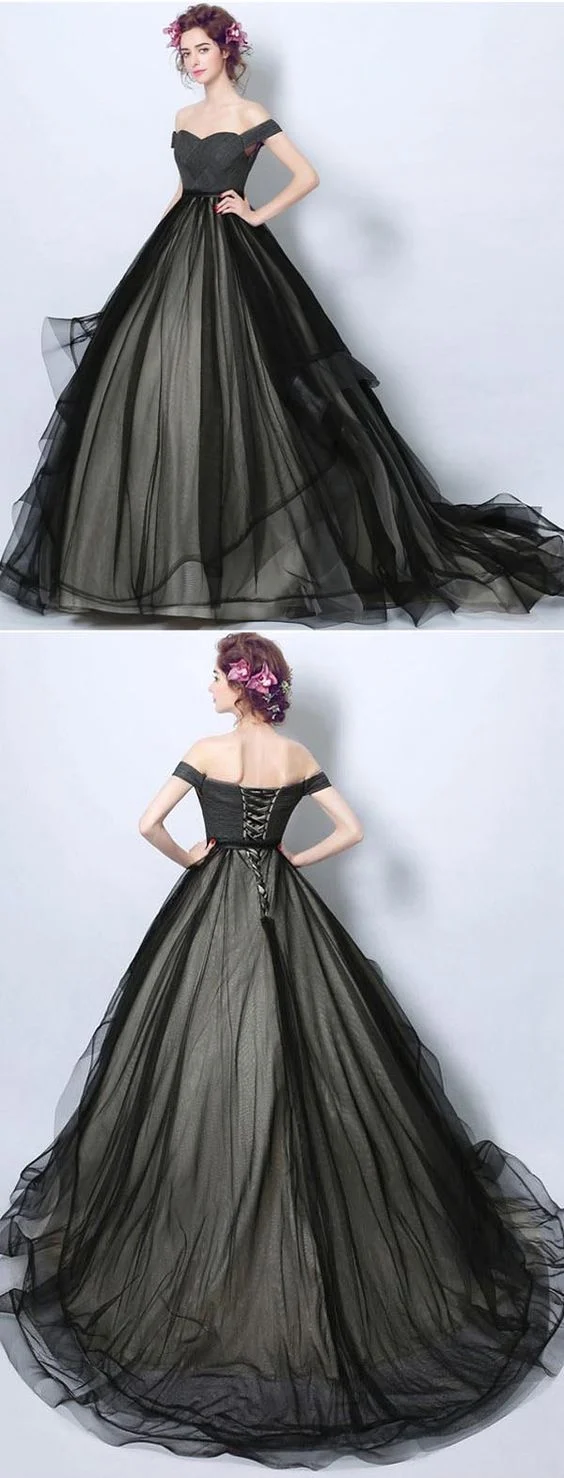 Robe de mariée princesse en tulle noir, épaules dénudées, délicate, robe de bal