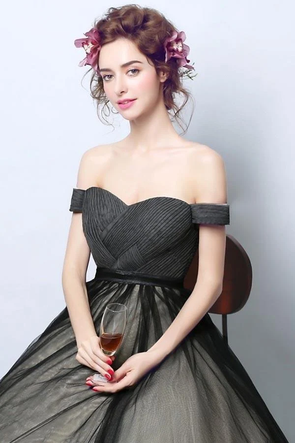 Robe de mariée princesse en tulle noir, épaules dénudées, délicate, robe de bal