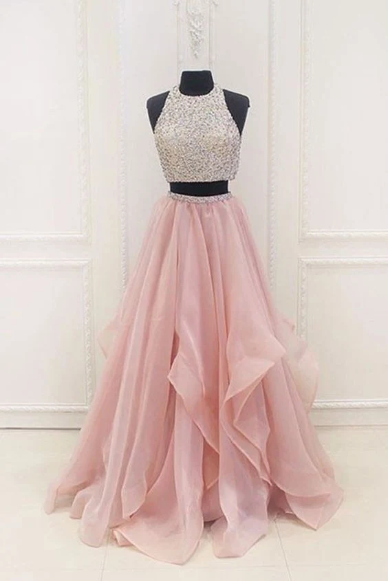 Robe de bal longue deux pièces en organza rose éblouissante, robe de remise de diplôme, robe de 16 ans