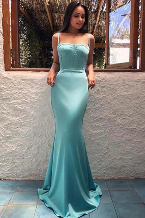 Gaine Bretelles Spaghetti Longue Robe De Soirée Bleue Robe De Bal Bleue