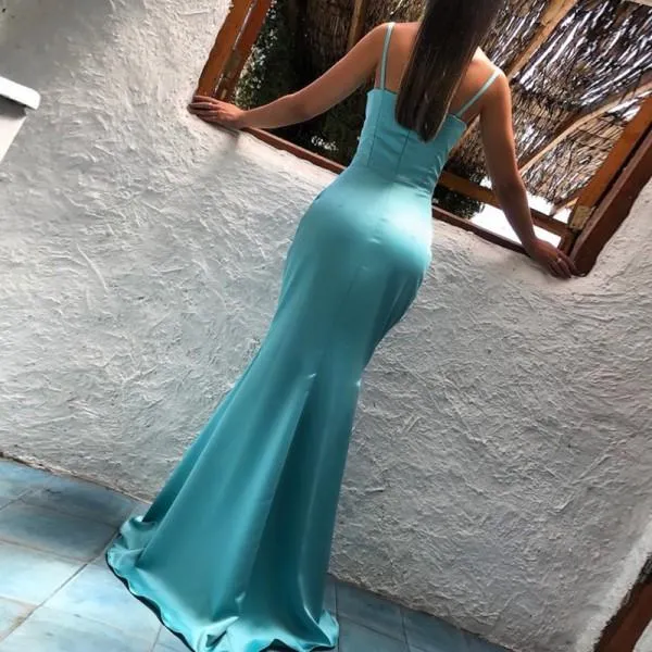 Gaine Bretelles Spaghetti Longue Robe De Soirée Bleue Robe De Bal Bleue