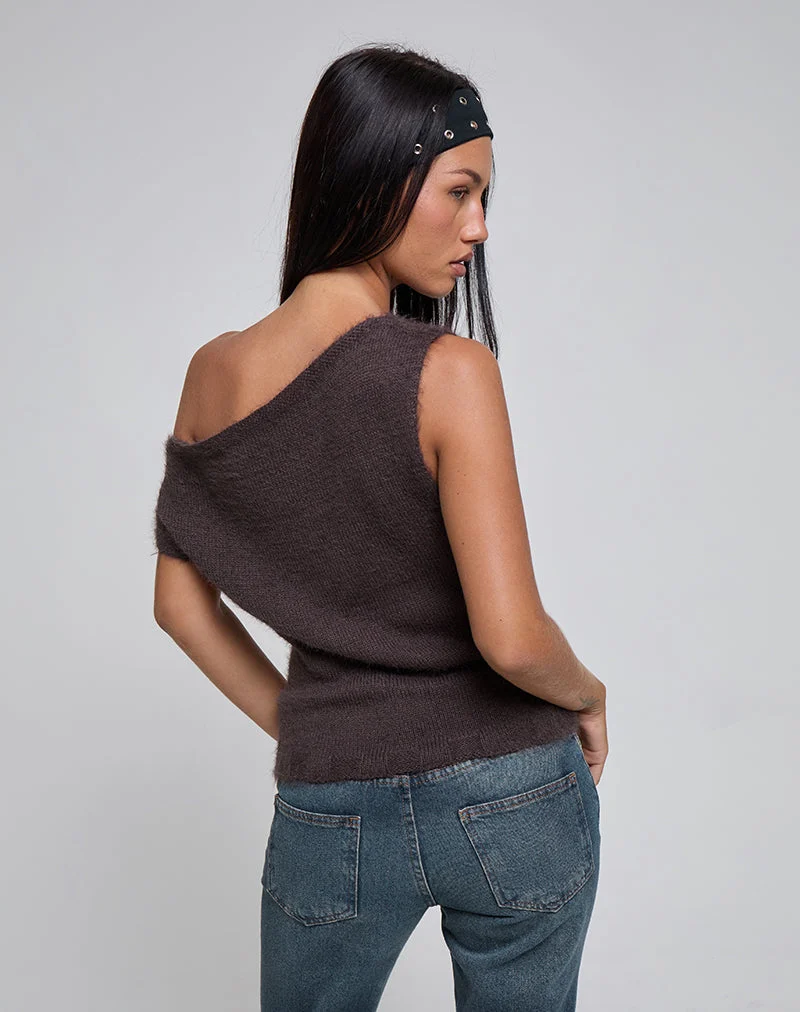 Calyce Off Shoulder Top in Fluffy Knit Dark Brown (Top à épaules dénudées en tricot duveteux)