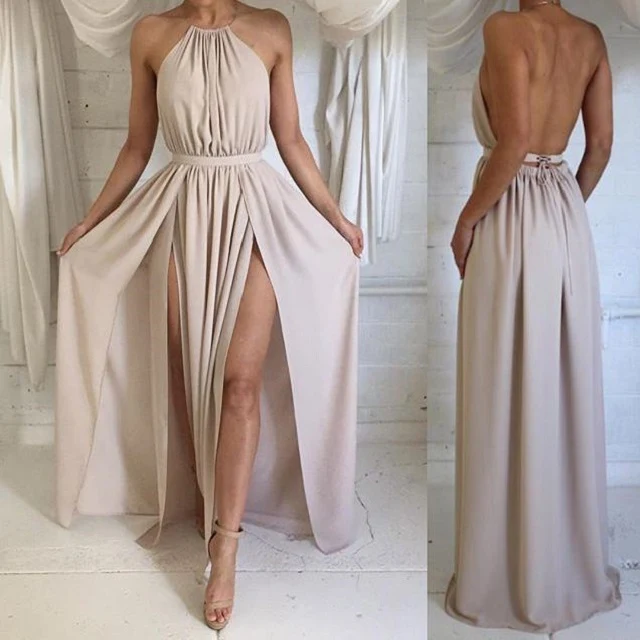 Robe de bal d'été beige dos nu en mousseline de soie