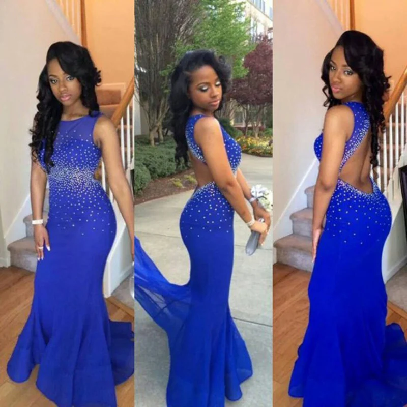 Robe de bal bleu royal en mousseline de soie à dos ouvert pour filles rondes