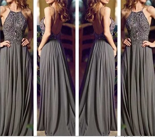 Robe de bal gris foncé avec haut en perles et col licou en mousseline de soie