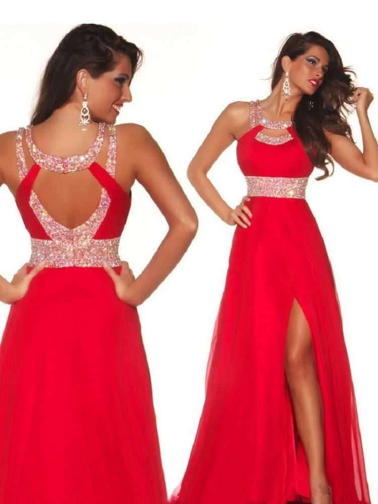 Robe de bal rouge avec fente latérale, robe de soirée longue avec fente sur le devant, MA148