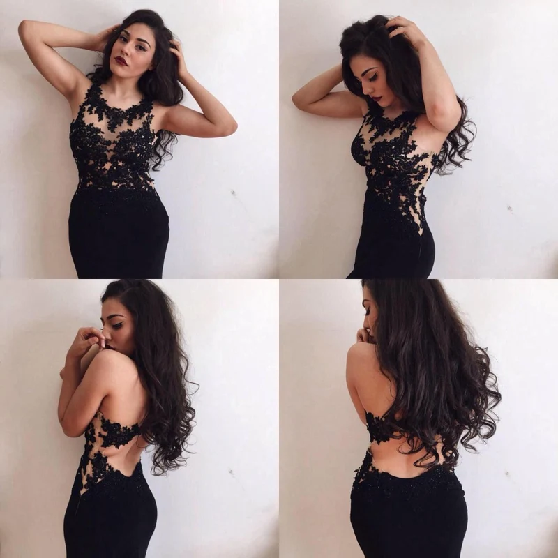 Robe de bal sirène en dentelle noire avec dos ouvert