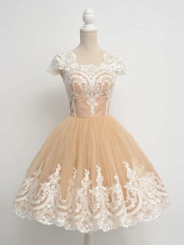 Robe de bal courte champagne vintage des années 50 avec appliques en dentelle blanche