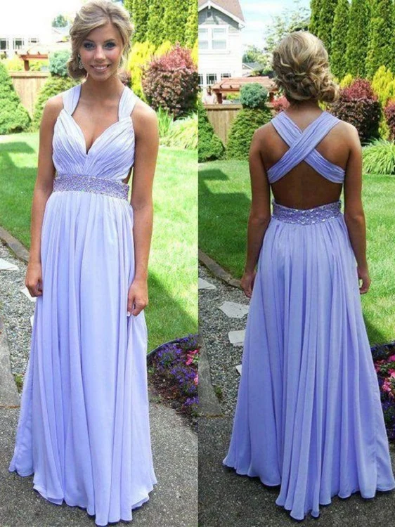 Robes de demoiselle d'honneur longues en mousseline de soie à bretelles croisées au dos