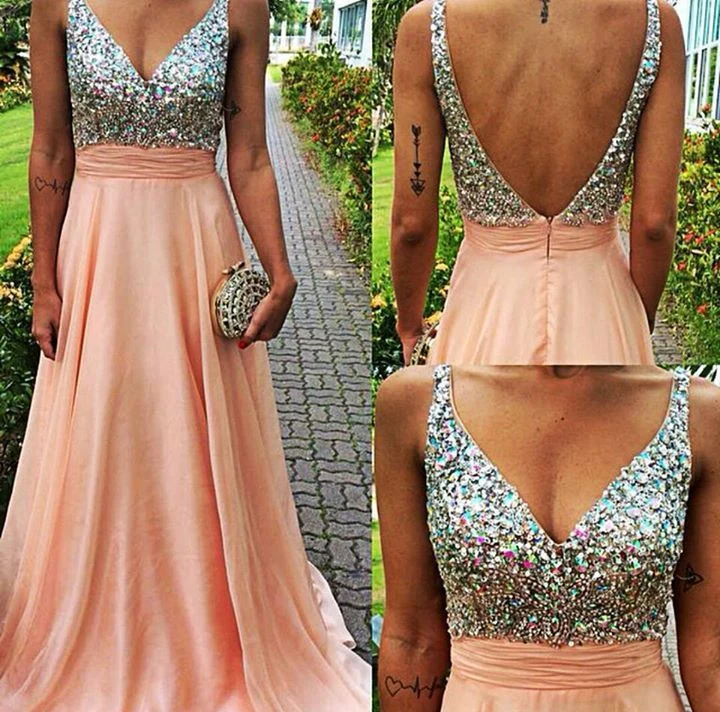 Robe de bal longue rose scintillante, dos en V, robe formelle