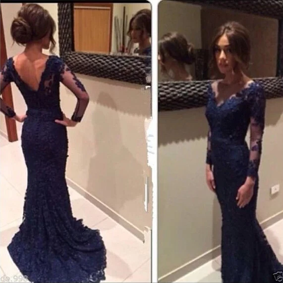 Robe de bal en dentelle | Robe de bal bleu marine | Robe de bal avec manches