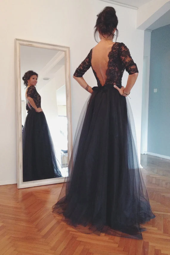 Robe de bal noire en dentelle, robe de bal en tulle avec manches