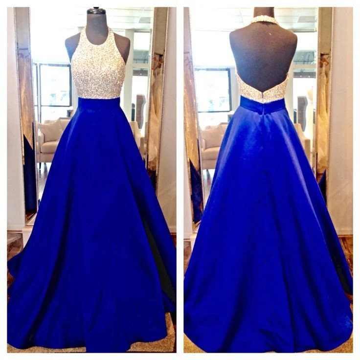 Robe de bal bleu royal avec haut dos nu et paillettes
