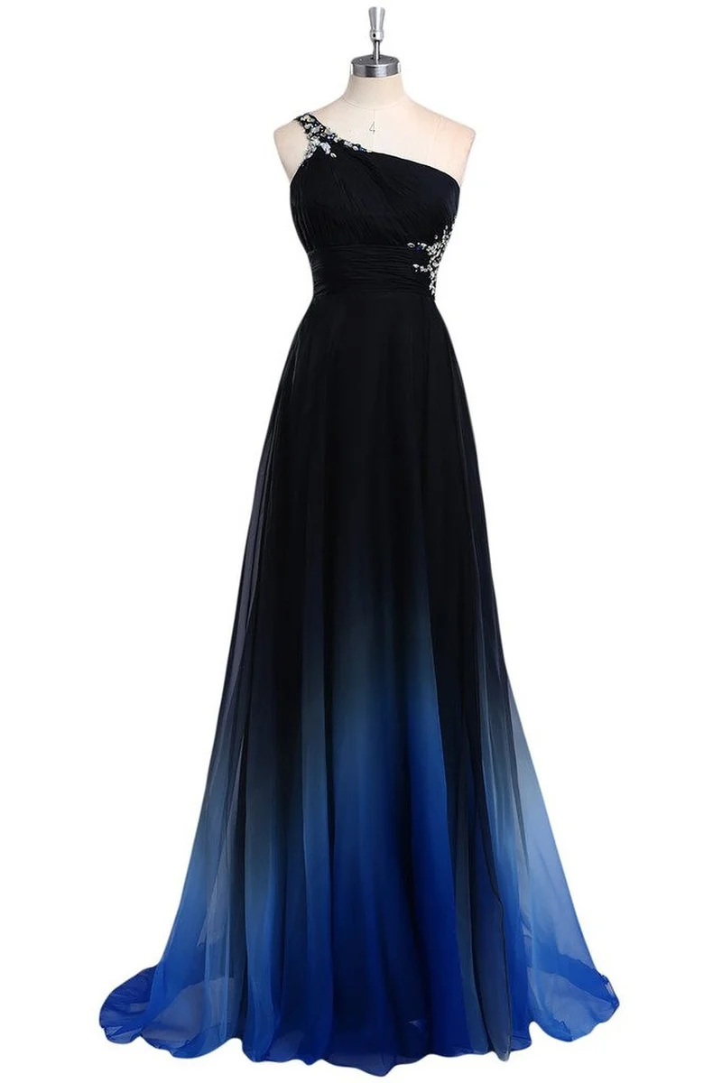 Robes de demoiselle d'honneur longues en mousseline ombrée, asymétrique épaule dénudée, avec bretelles irrégulières au dos