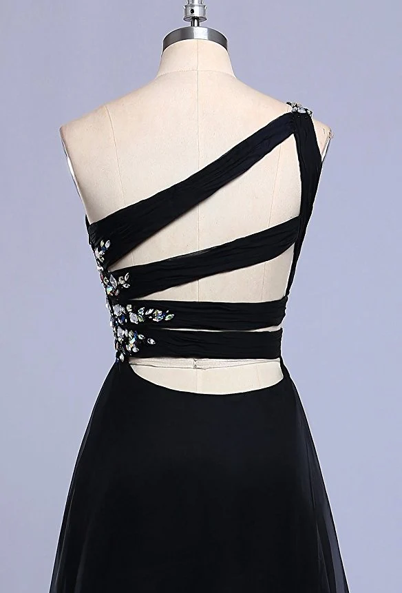 Robes de demoiselle d'honneur longues en mousseline ombrée, asymétrique épaule dénudée, avec bretelles irrégulières au dos