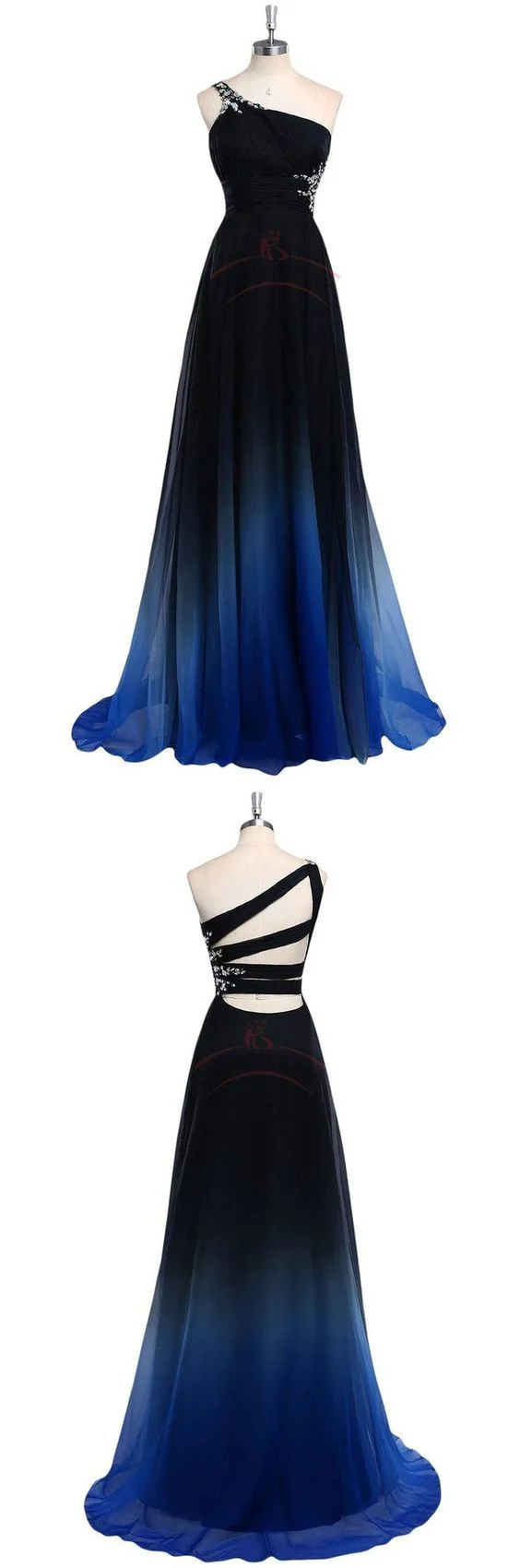 Robes de demoiselle d'honneur longues en mousseline ombrée, asymétrique épaule dénudée, avec bretelles irrégulières au dos