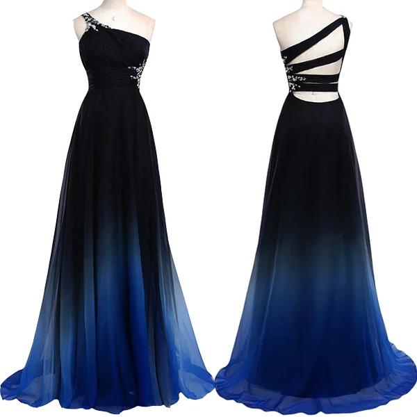 Robes de demoiselle d'honneur longues en mousseline ombrée, asymétrique épaule dénudée, avec bretelles irrégulières au dos