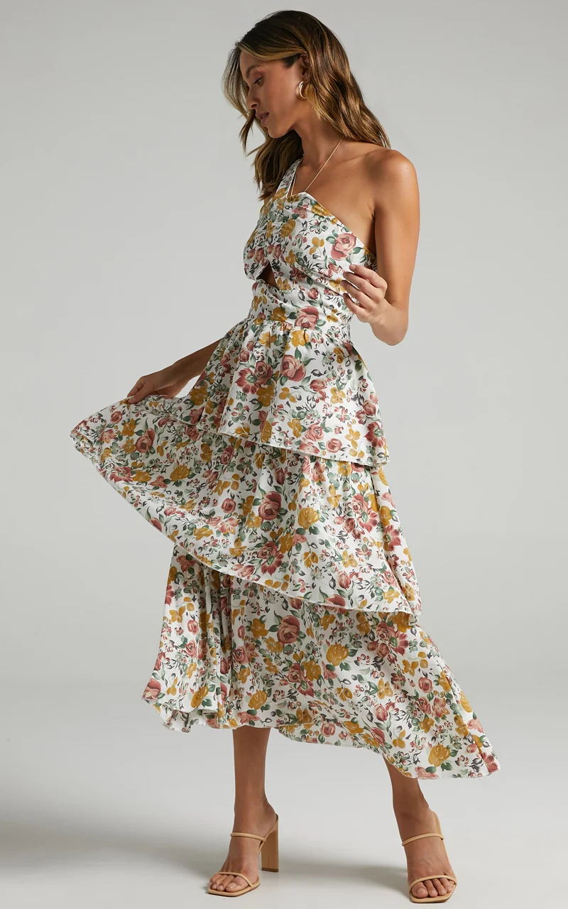 Caro Midi Dress - One Shoulder Tiered Dress in Multi Floral