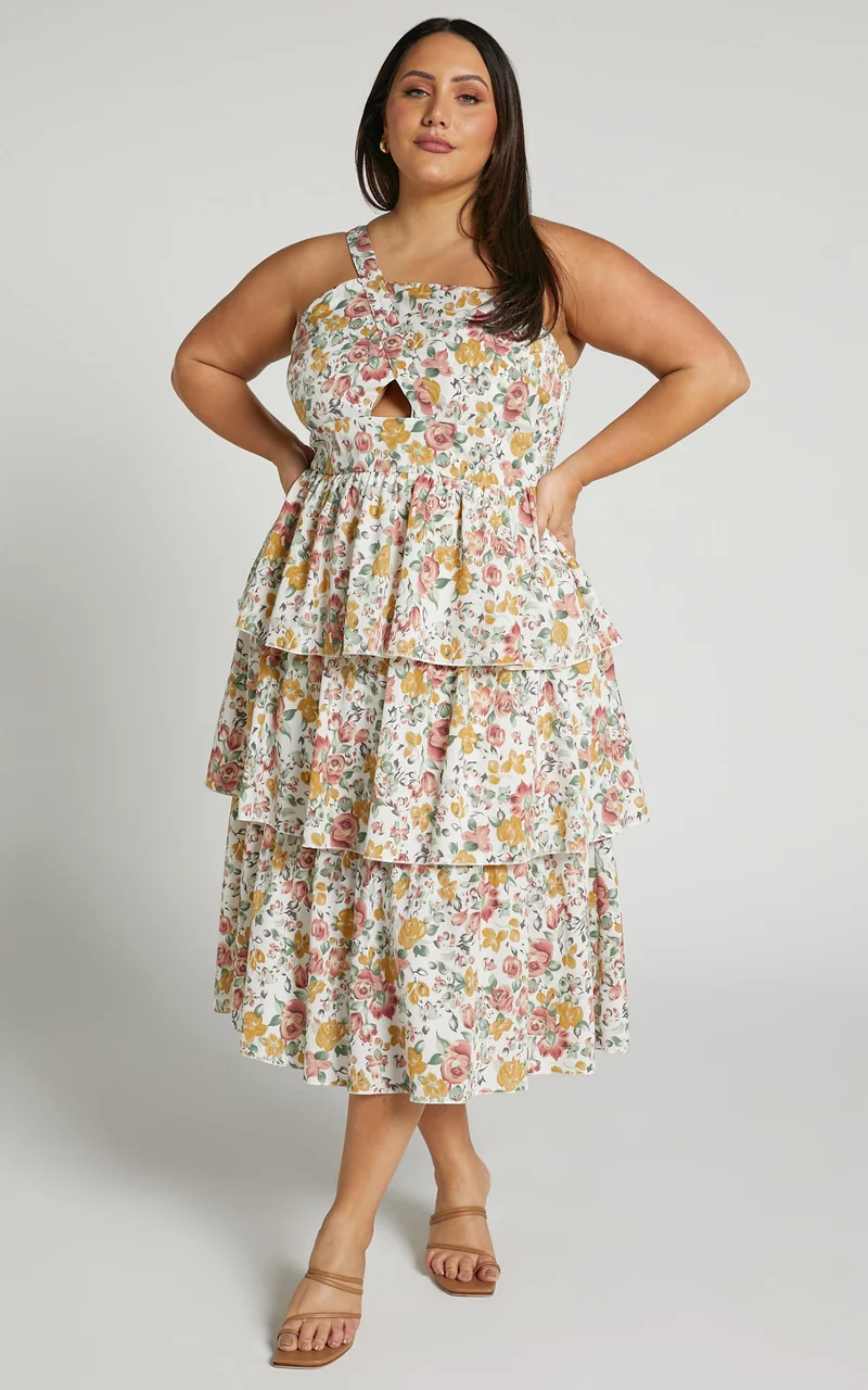 Caro Midi Dress - One Shoulder Tiered Dress in Multi Floral