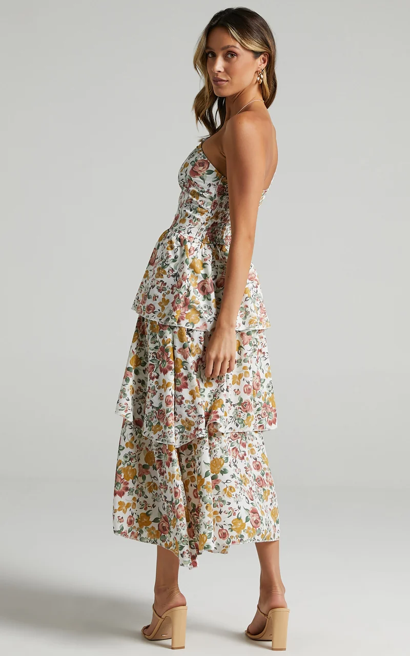Caro Midi Dress - One Shoulder Tiered Dress in Multi Floral
