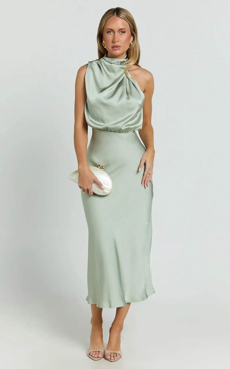 Minnie Midi Dress - Drape Neck Satin Slip Dress in Sage