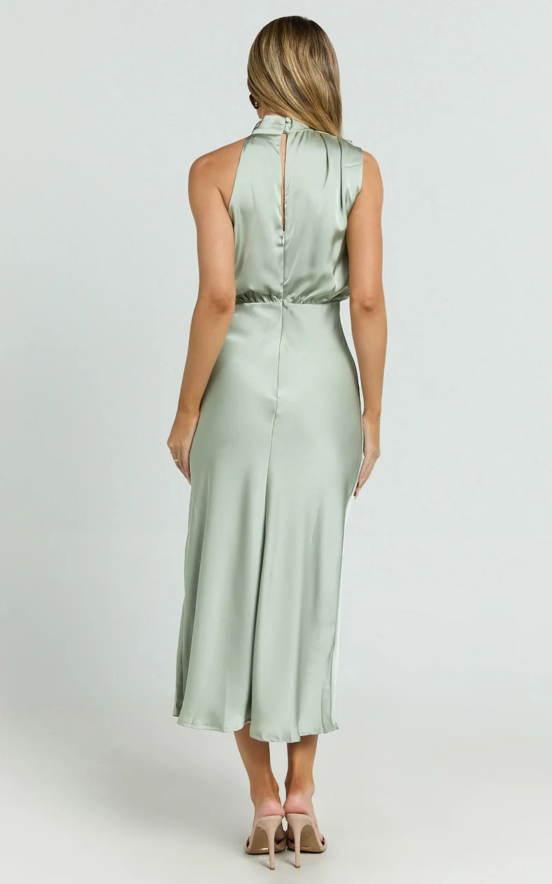 Minnie Midi Dress - Drape Neck Satin Slip Dress in Sage