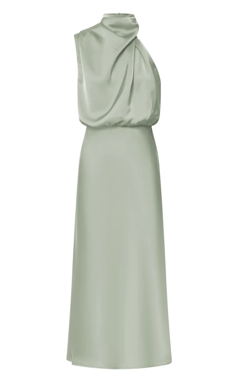 Minnie Midi Dress - Drape Neck Satin Slip Dress in Sage