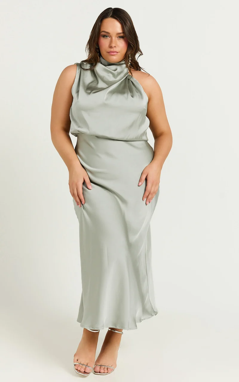 Minnie Midi Dress - Drape Neck Satin Slip Dress in Sage