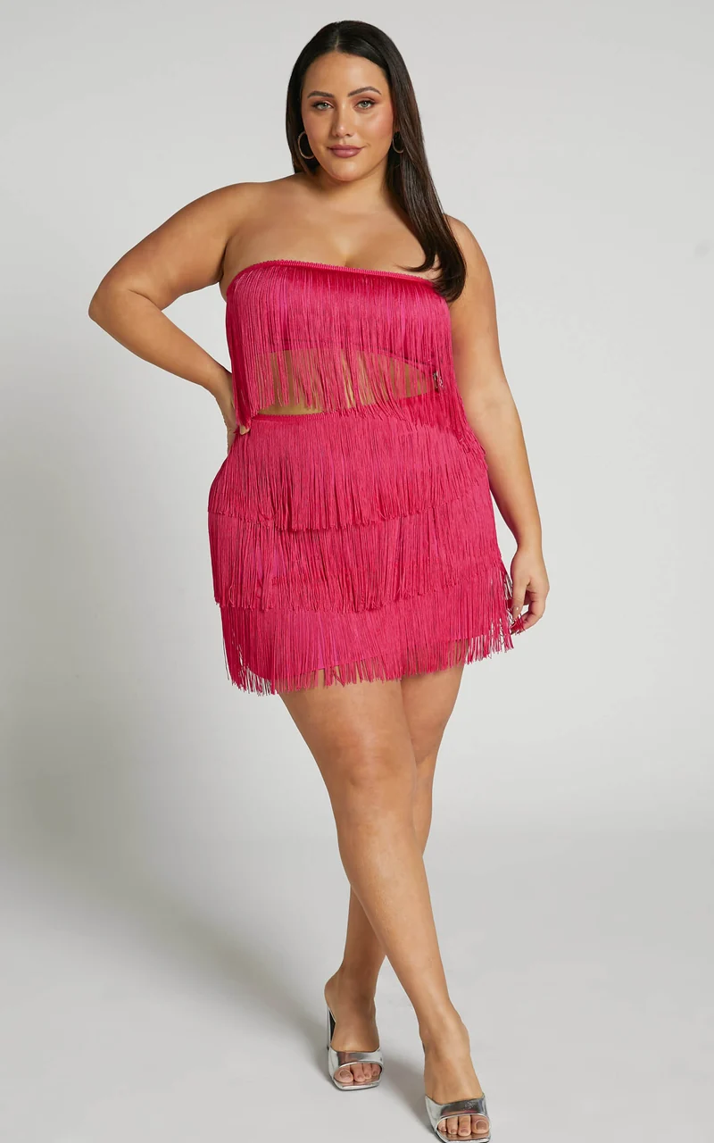 Siofra Two Piece Set - Fringe Crop Top and Mini Skirt Set in Hot Pink