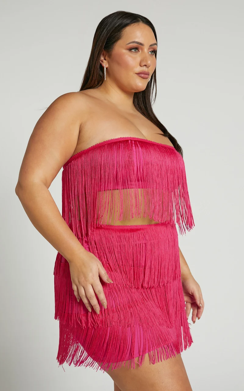Siofra Two Piece Set - Fringe Crop Top and Mini Skirt Set in Hot Pink