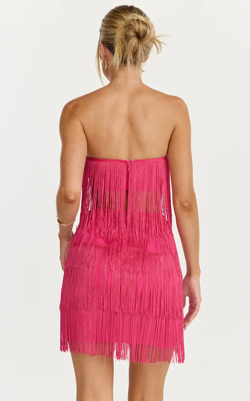Siofra Two Piece Set - Fringe Crop Top and Mini Skirt Set in Hot Pink