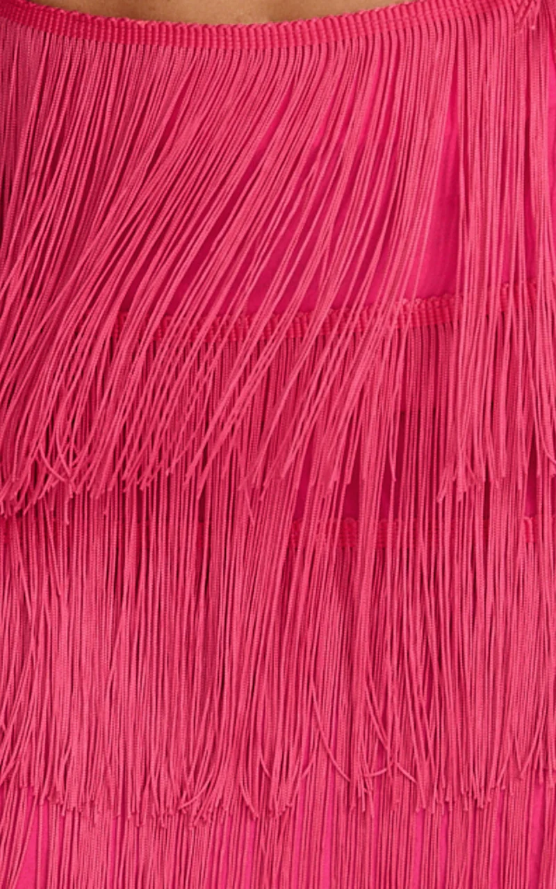 Siofra Two Piece Set - Fringe Crop Top and Mini Skirt Set in Hot Pink