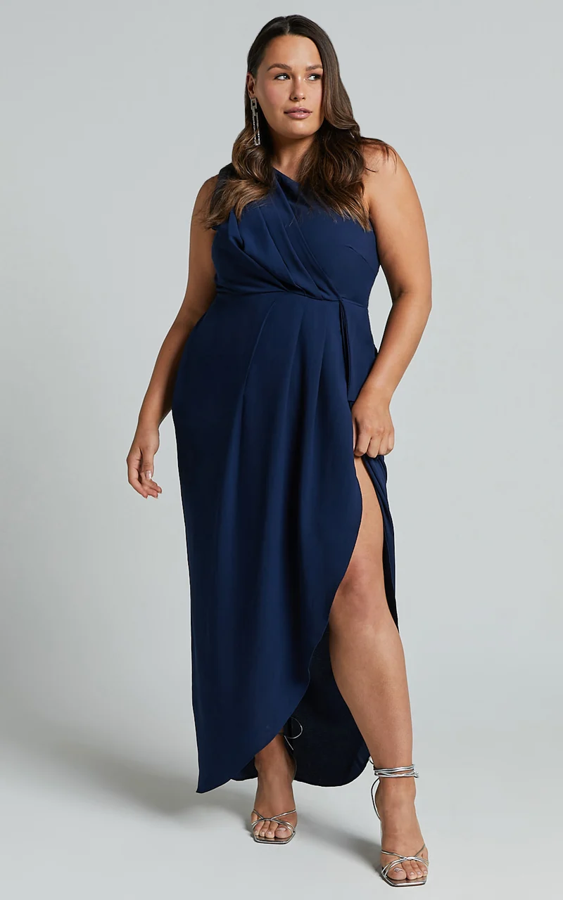 Namaari Midi Dress - Faux Wrap One Shoulder Dress in Navy