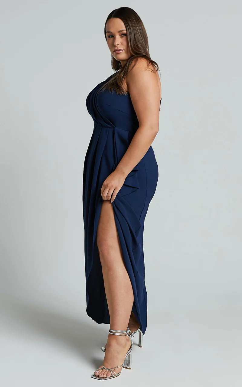 Namaari Midi Dress - Faux Wrap One Shoulder Dress in Navy