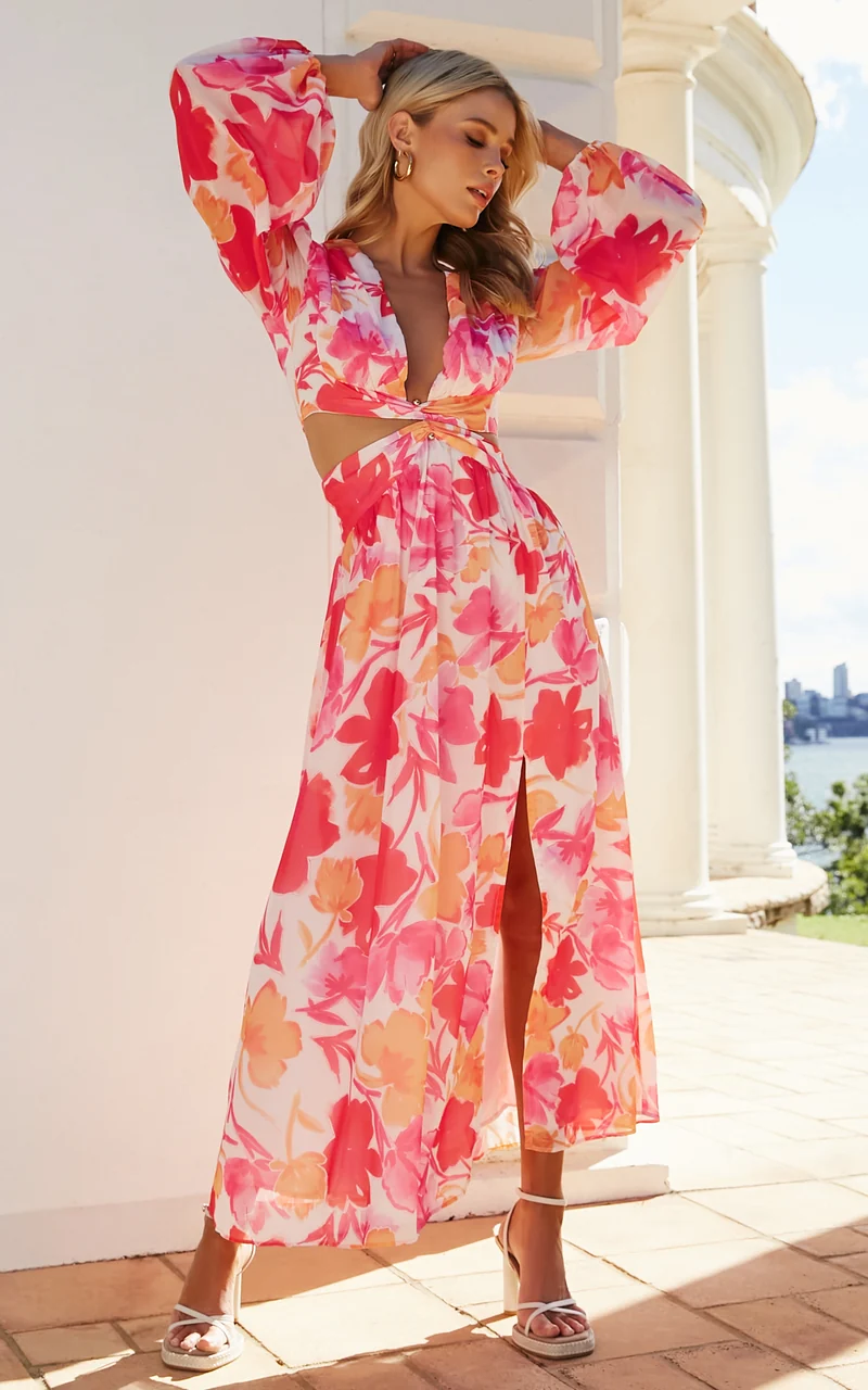 Emilee Midi Dress - Side Cut Out Long Sleeve Plunge Dress in Pink Floral