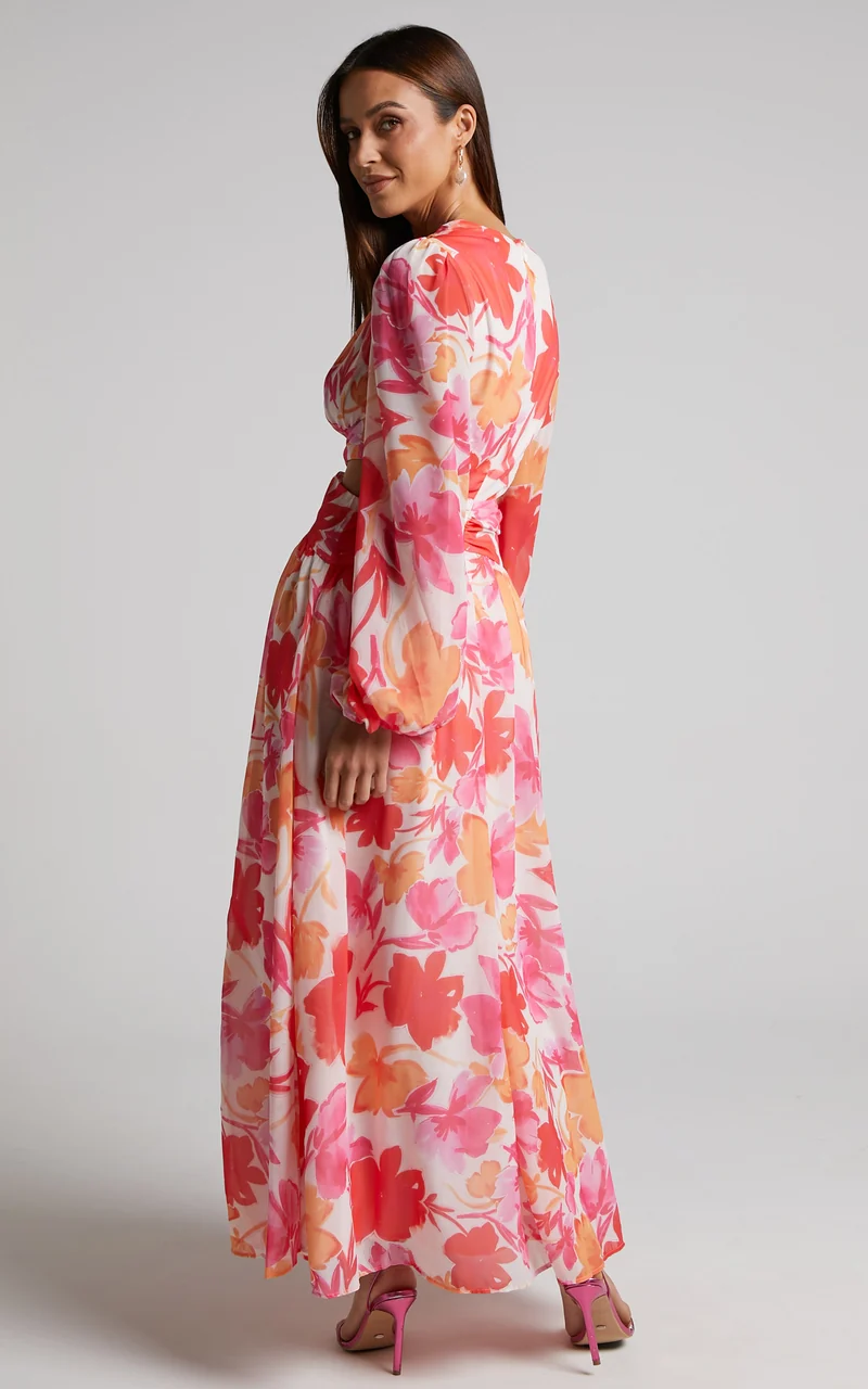 Emilee Midi Dress - Side Cut Out Long Sleeve Plunge Dress in Pink Floral